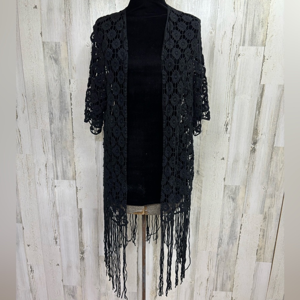 Rebellion Black Crochet Fringe Cardigan Sweater